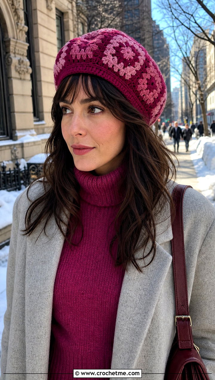 Monochrome Granny Square Beret With Sweater Dress - 25 Granny Square Beret outfit ideas