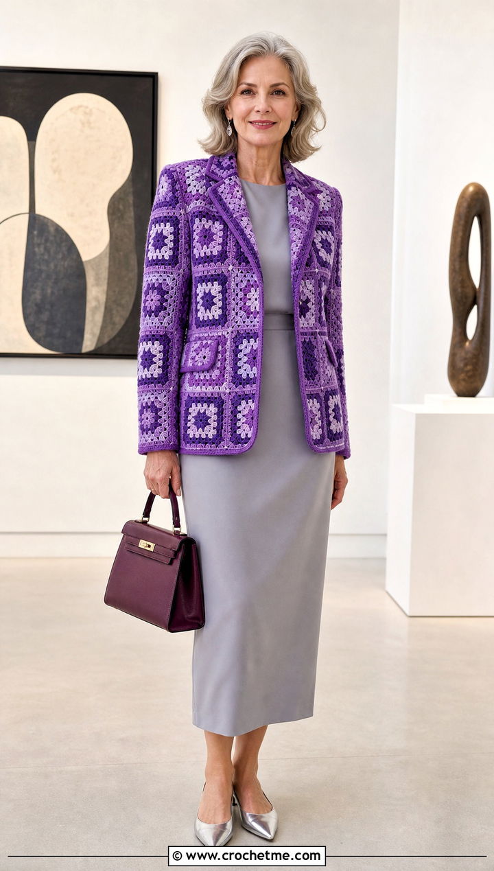 Monochrome Granny Square Blazer With Column Dress - 30 crochet granny square clothing and outfit ideas