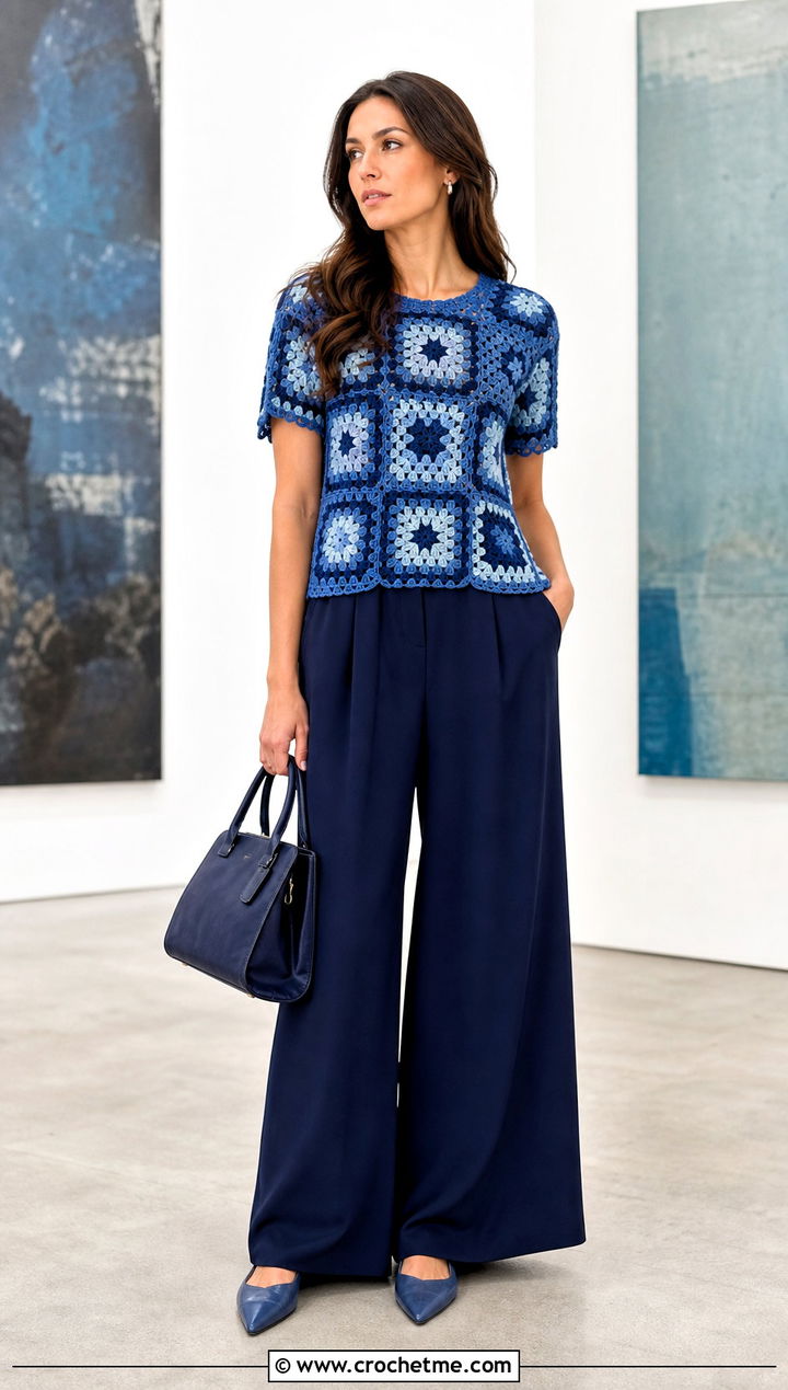 Monochrome Granny Square Blouse With Wide Leg Pants - 35 Granny Square Blouse outfit ideas