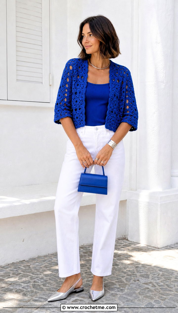 Monochrome Granny Square Bolero With White Jeans - 35 granny square bolero outfit ideas