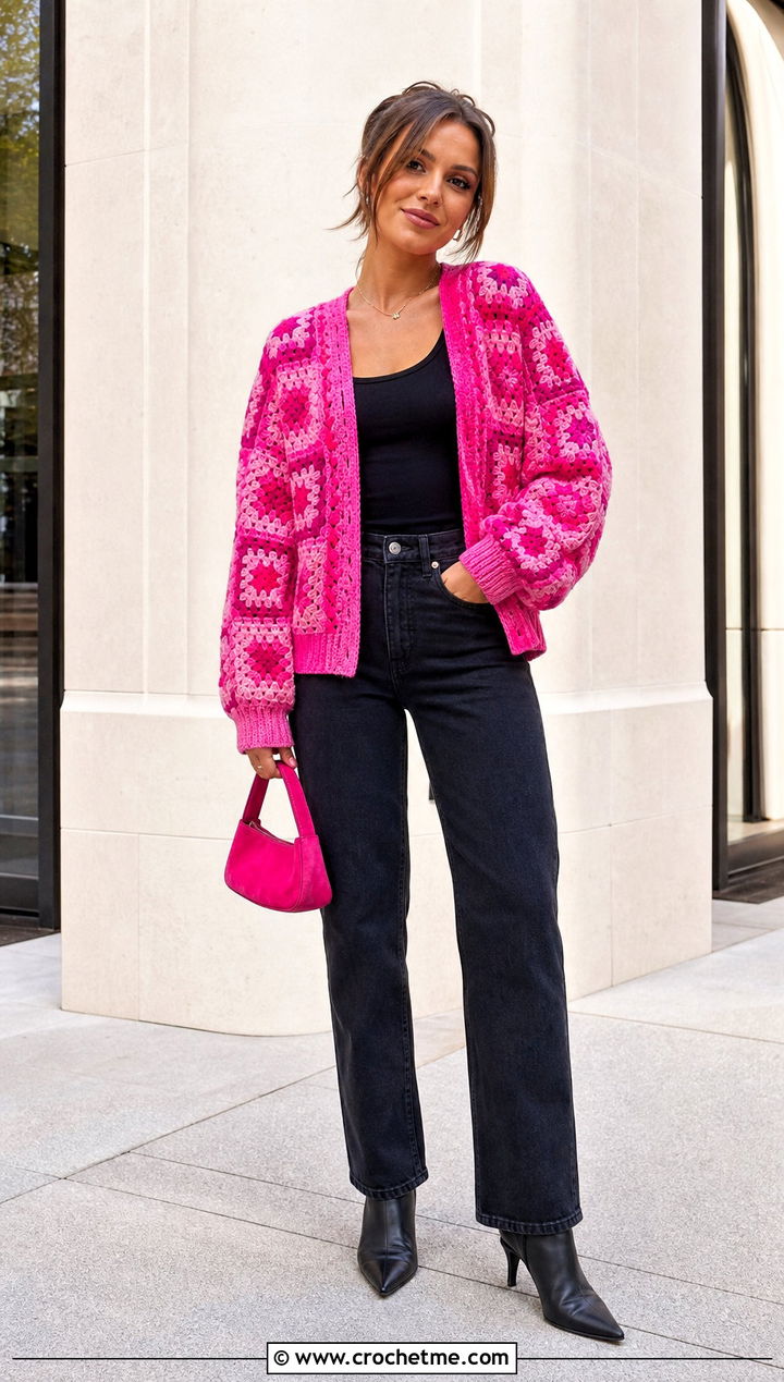 Monochrome Granny Square Cardigan With Black Jeans - 30 crochet granny squares cardigan outfit ideas