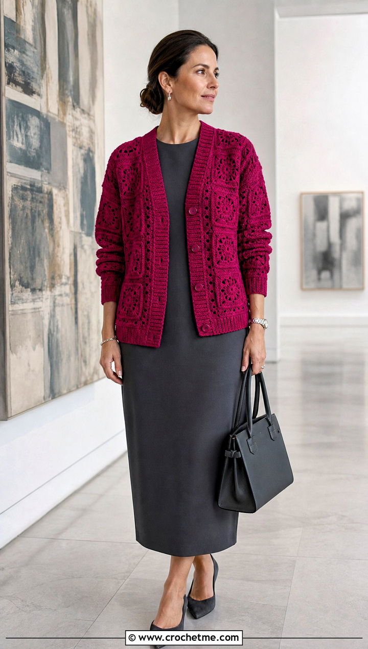 Monochrome Granny Square Cardigan With Column Dress - 25 For Granny Square Cardigan outfit ideas