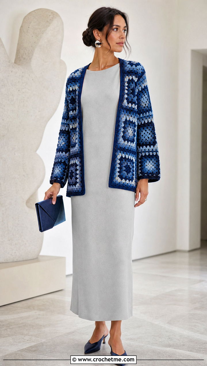 Monochrome Granny Square Cardigan With Column Dress - 35 Easy Simple Crochet Granny Square Cardigan outfit ideas