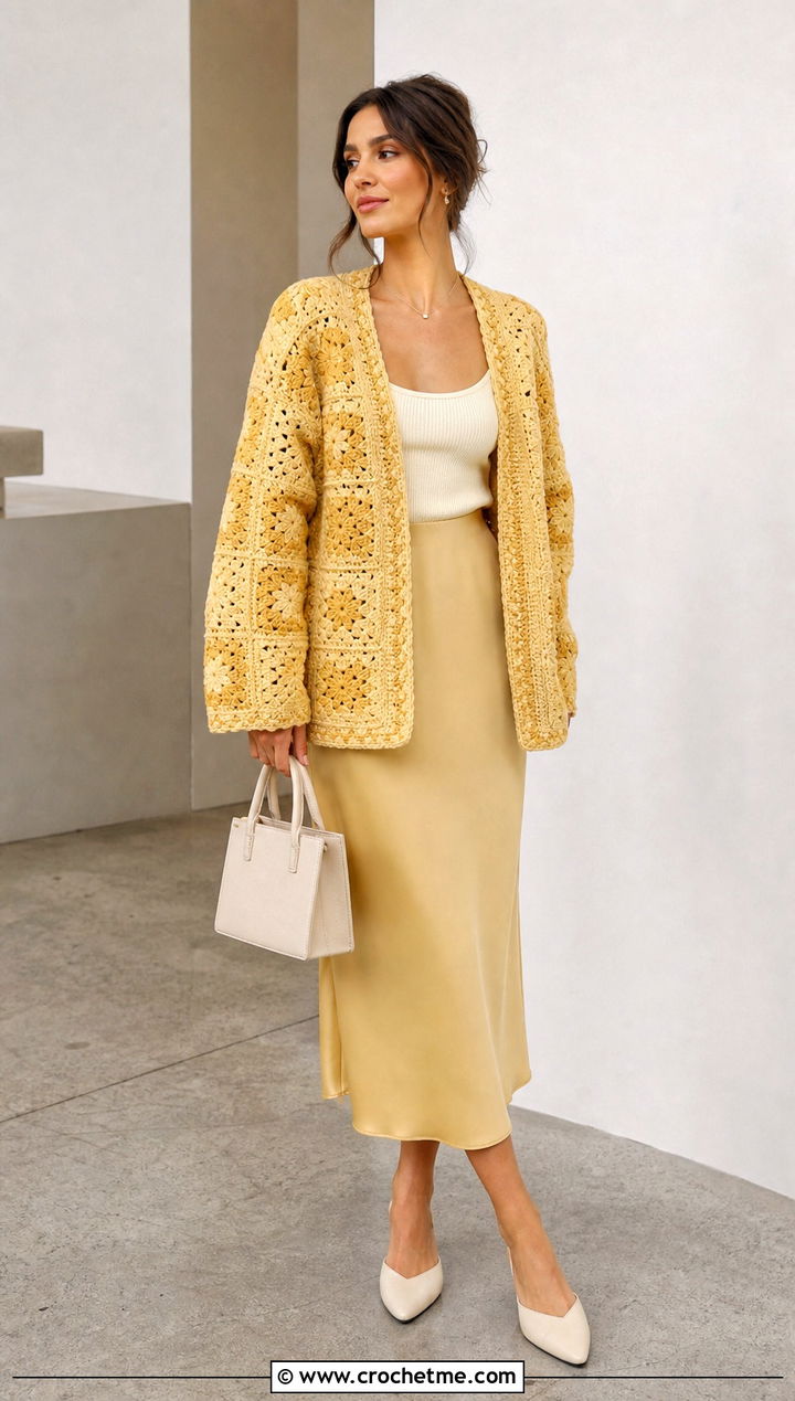Monochrome Granny Square Cardigan With Column Skirt - 35 granny square crochet cardigan jacket outfit ideas