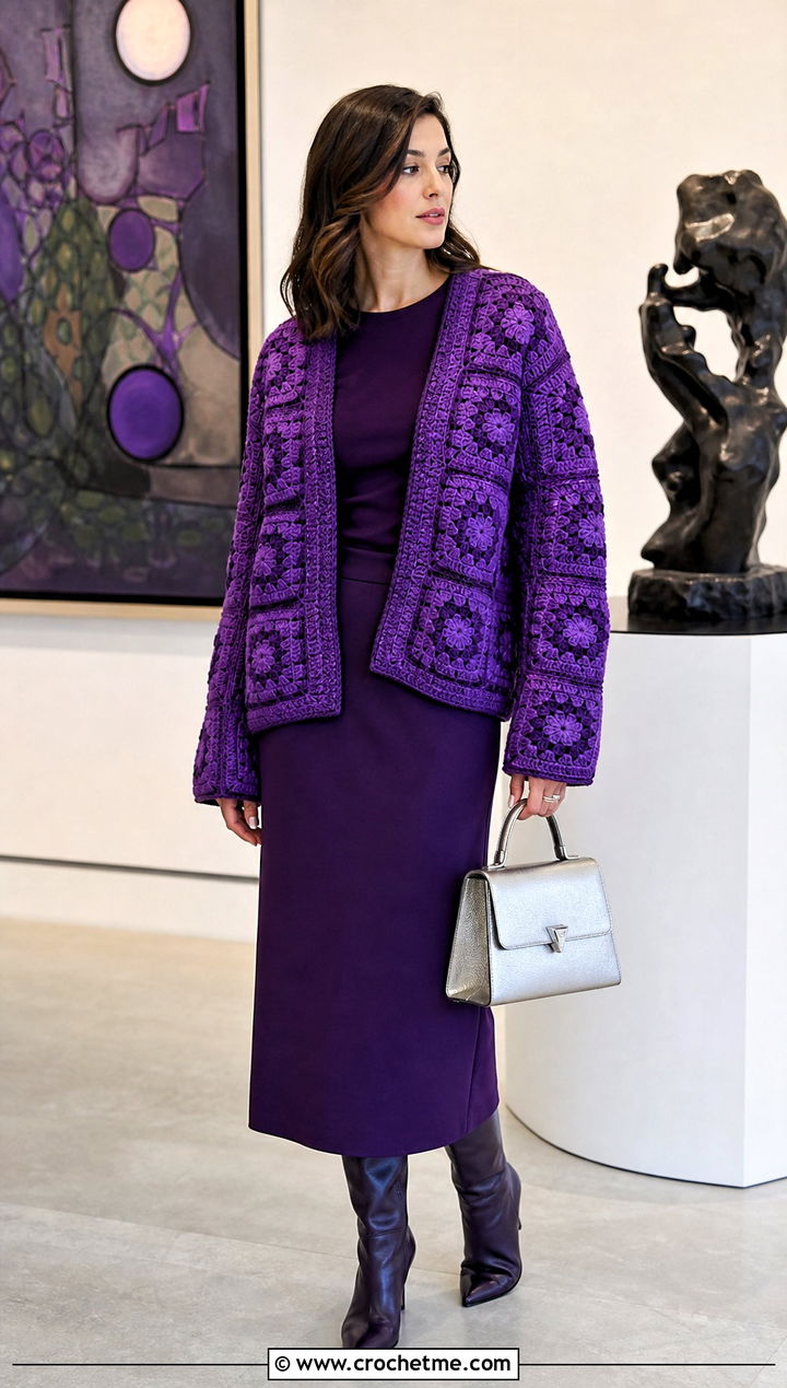 Monochrome Granny Square Cardigan With Column Skirt - 30 granny squares cardigan outfit ideas