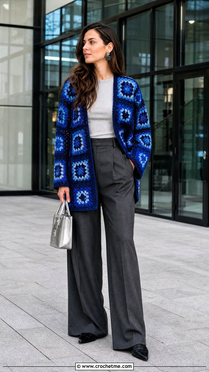 Monochrome Granny Square Cardigan With Gray Suit Trousers - 35 crochet granny square cardigan outfit ideas