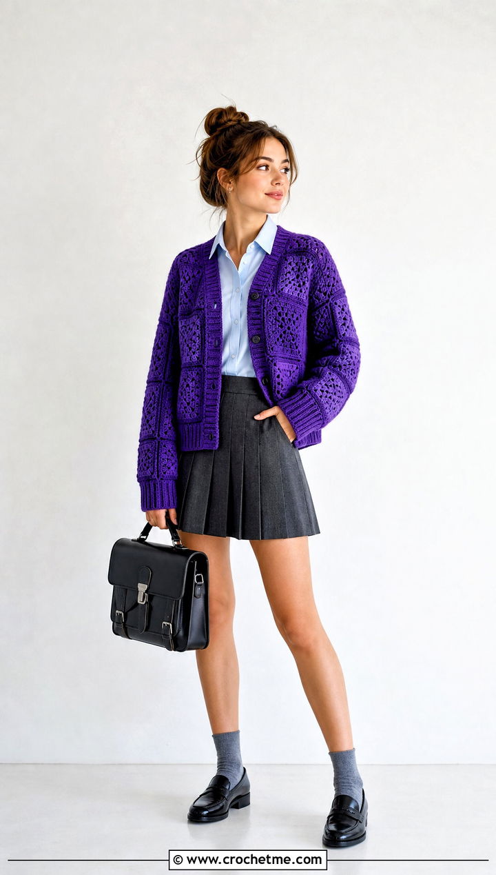 Monochrome Granny Square Cardigan With Pleated Skirt - 15 Granny Square Cardigan Sweaters & Cardigans outfit ideas
