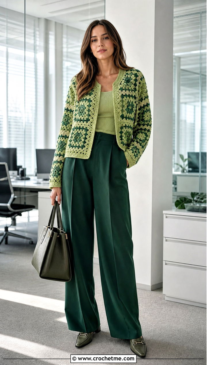 Monochrome Granny Square Cardigan With Suit Trousers - 30 cardigan with granny square outfit ideas