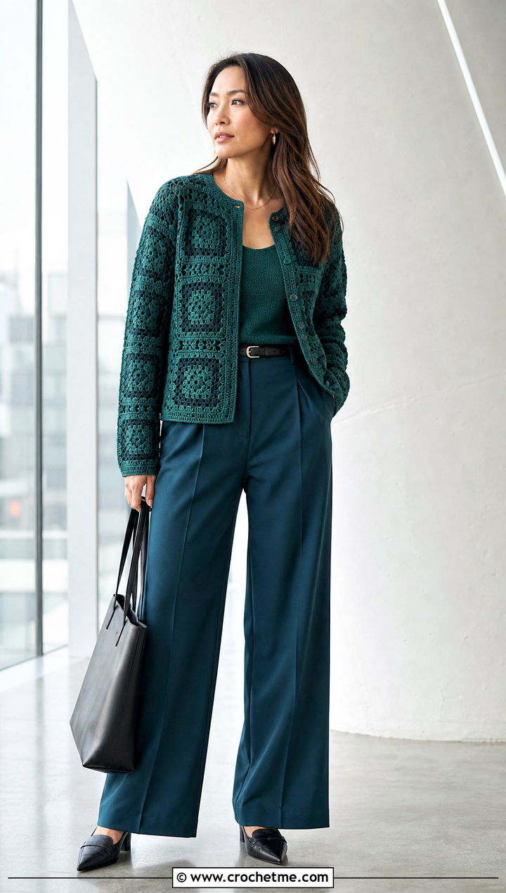 Monochrome Granny Square Cardigan With Tailored Trousers - 20 Crochet Fall Granny Square Cardigan outfit ideas
