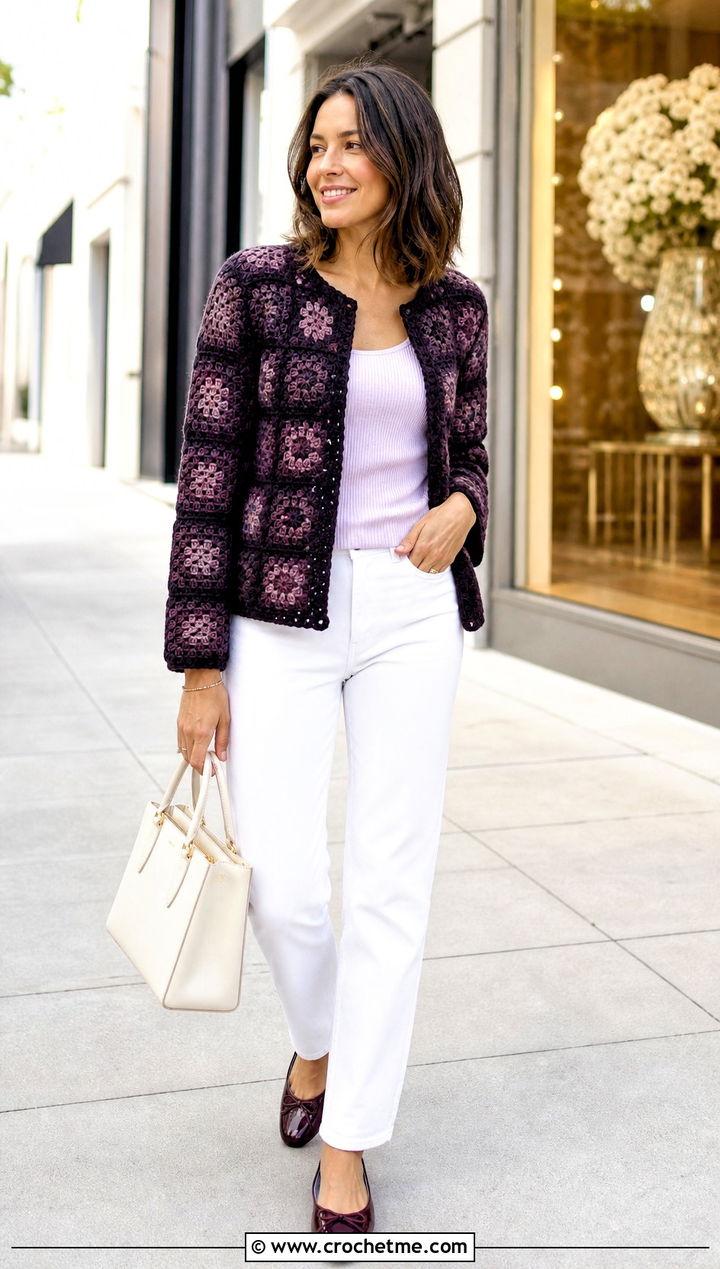 Monochrome Granny Square Cardigan With White Jeans - 20 Grant Square Crochet Cardigan outfit ideas