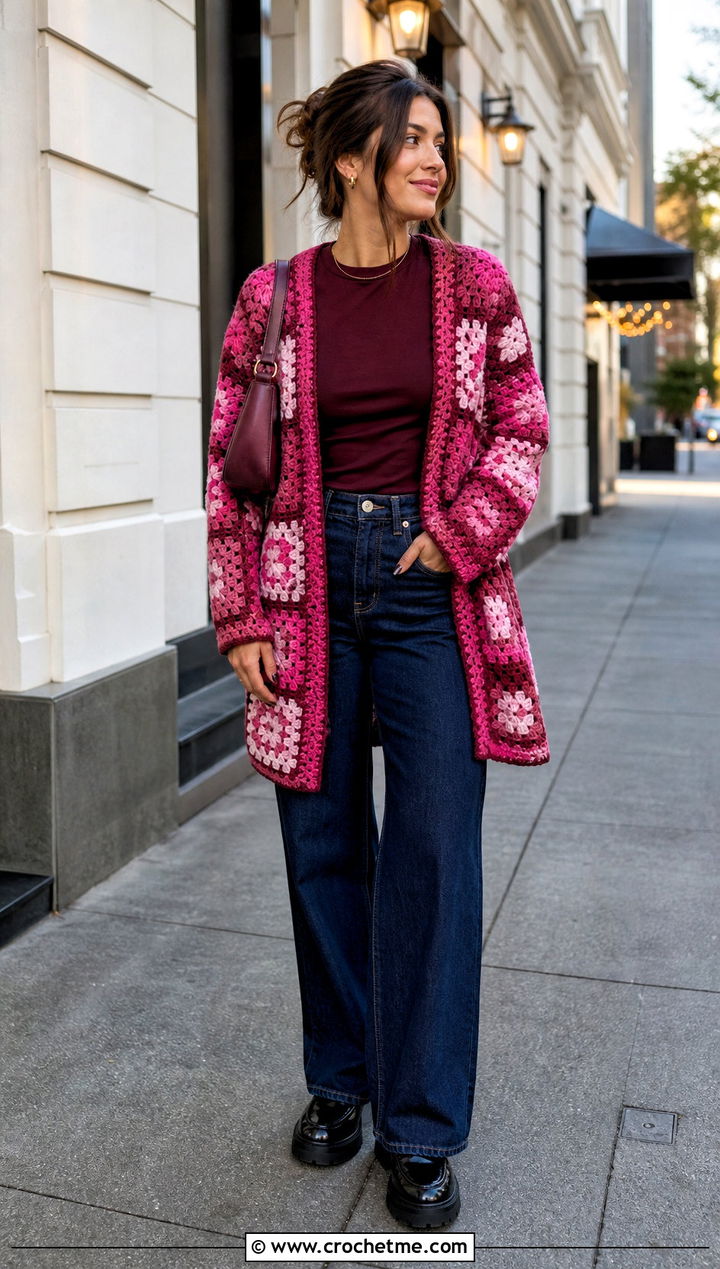 Monochrome Granny Square Cardigan With Wide Leg Jeans - 25 One Granny Square Cardigan outfit ideas