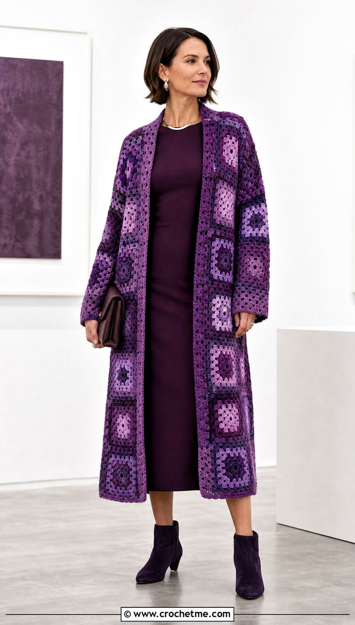 Monochrome Granny Square Coat With Column Dress - 30 crochet granny square coat outfit ideas