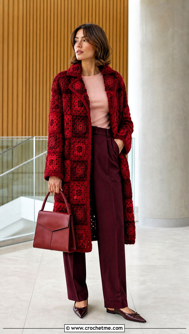 Monochrome Granny Square Coat With Tailored Pants - 30 granny square coat outfit ideas