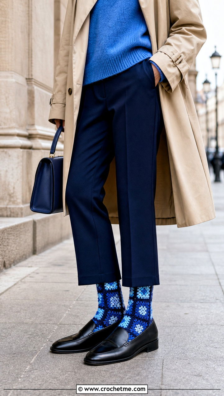 Monochrome Granny Square Crew Socks With A Trench Coat And Loafers - 35 crochet granny square socks outfit ideas