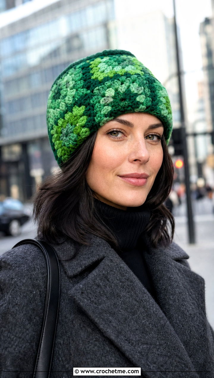 Monochrome Granny Square Crochet Beanie With Wool Coat And Turtleneck - 30 granny square crochet beanie outfit ideas