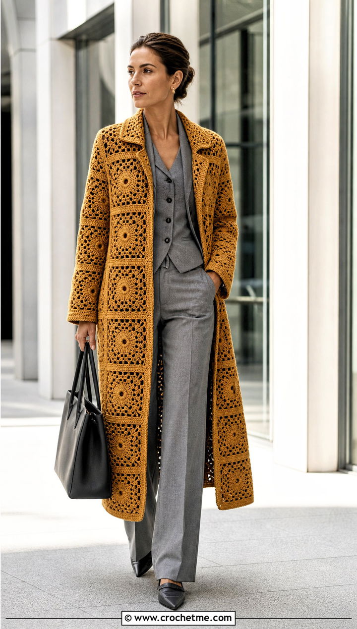 Monochrome Granny Square Crochet Coat With Tailored Suit - 25 Granny Square Crochet Coat outfit ideas