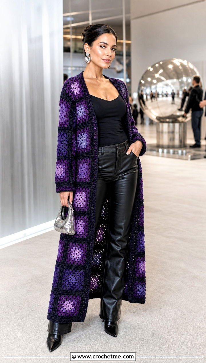 Monochrome Granny Square Crochet Duster With Leather Pants - 15 Granny Square Crochet Duster outfit ideas