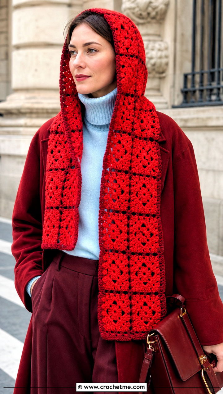 Monochrome Granny Square Crochet Hooded Scarf With Tonal Coat - 30 Granny Square Crochet Hooded Scarf outfit ideas