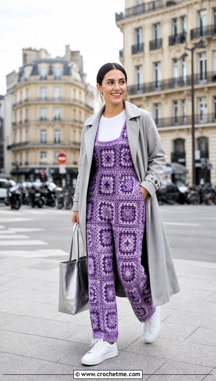 Monochrome Granny Square Crochet Overalls With Trench Coat - 20 Granny Square Crochet Overalls outfit ideas