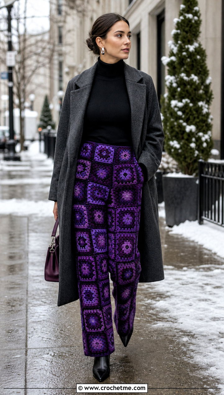 Monochrome Granny Square Crochet Pants With Long Coat - 25 Granny Square Crochet Pants outfit ideas