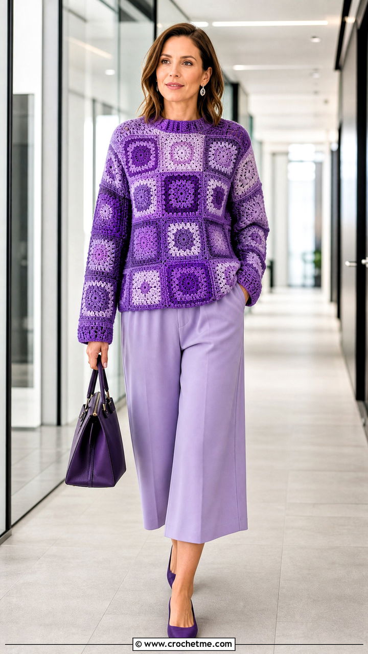 Monochrome Granny Square Crochet Sweater With Culottes - 35 granny square crochet sweater outfit ideas
