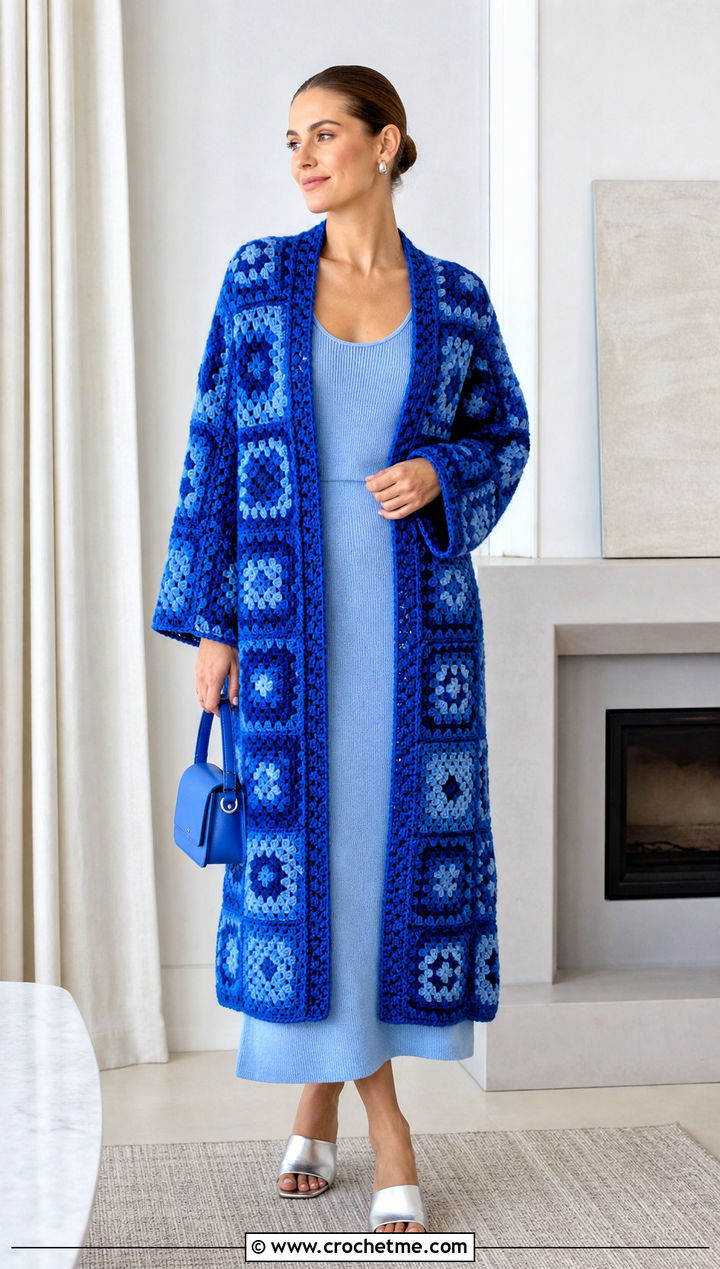 Monochrome Granny Square Duster With Knit Set - 35 granny square duster outfit ideas