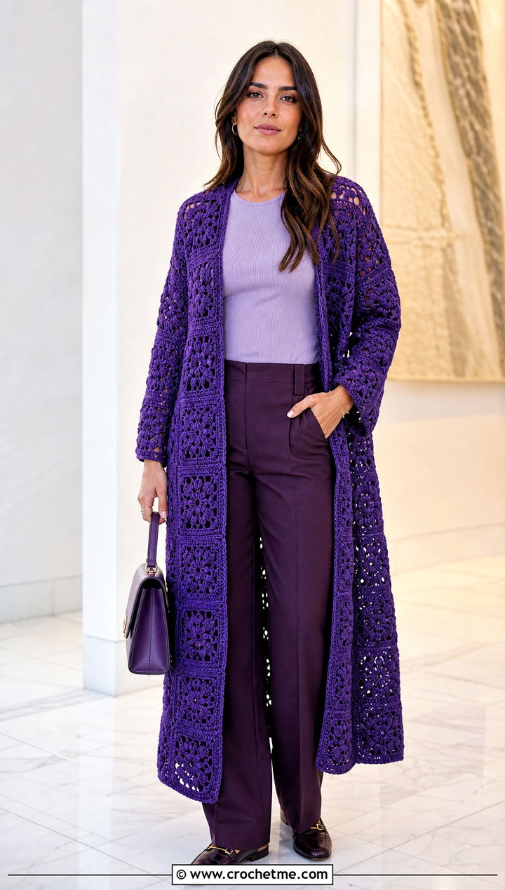 Monochrome Granny Square Duster With Tonal Separates - 25 Crochet Granny Square Duster outfit ideas