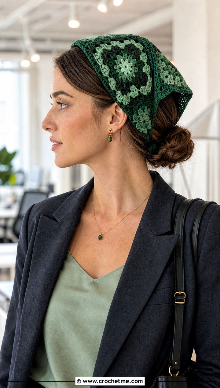 Monochrome Granny Square Hair Scarf With Office Suit - 25 granny square hair scarf outfit ideas