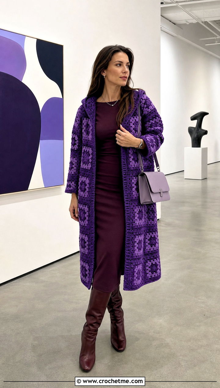 Monochrome Granny Square Hooded Cardigan With Column Dress - 25 Granny Square Hooded Cardigan outfit ideas