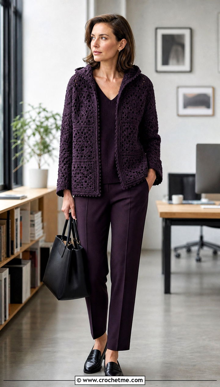 Monochrome Granny Square Hooded Jacket With Tailored Pants - 25 Granny Square Hooded Jacket outfit ideas