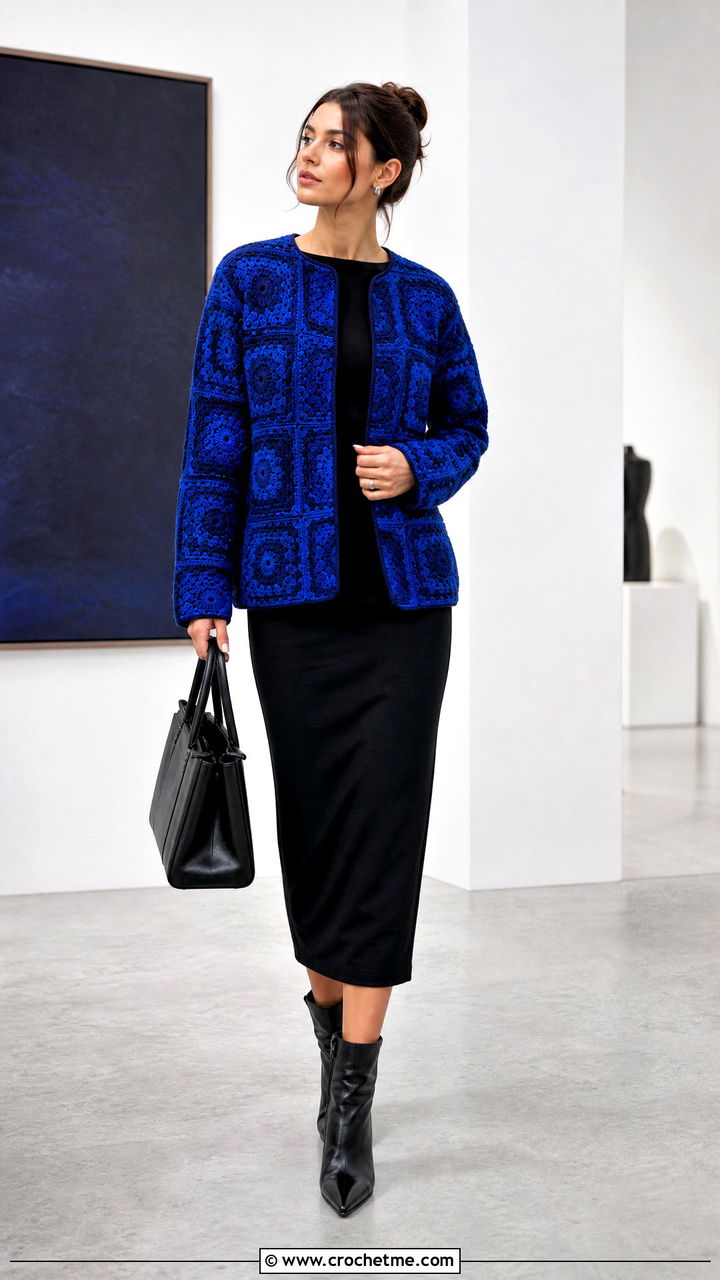 Monochrome Granny Square Jacket With Black Midi Dress - 35 granny square jacket outfit ideas