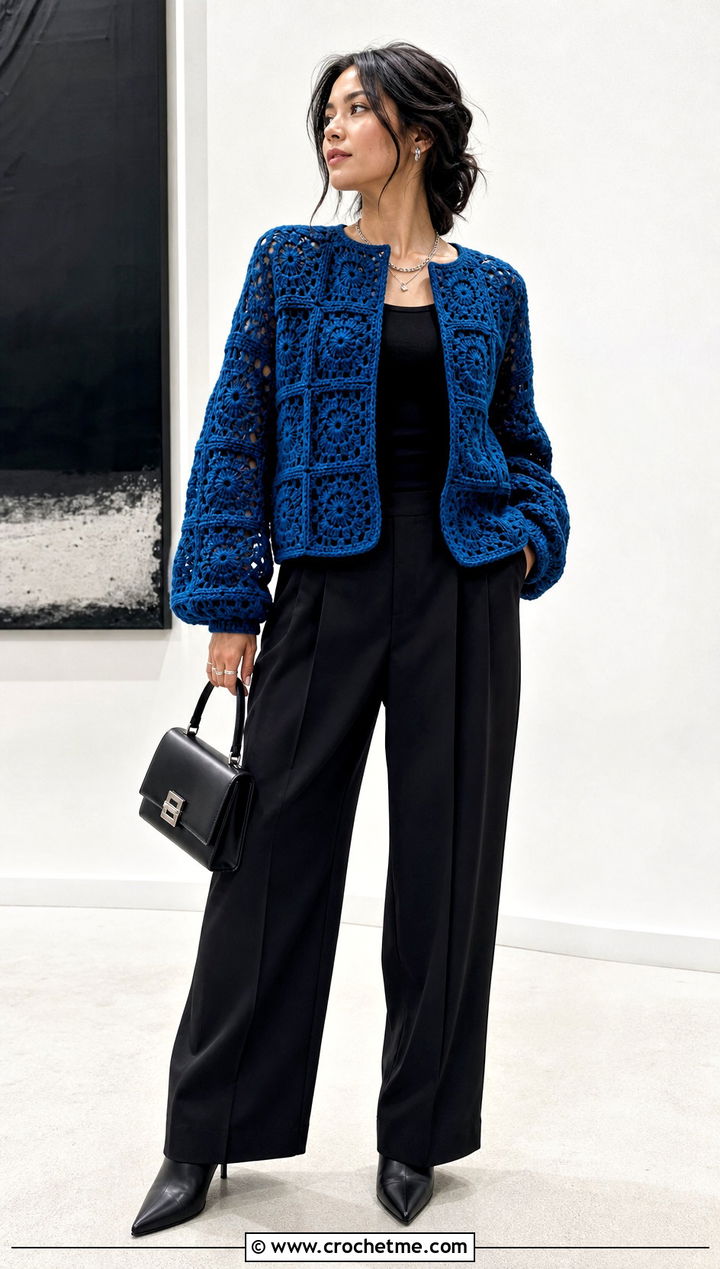 Monochrome Granny Square Jacket With Black Trousers - 30 granny square jackets outfit ideas