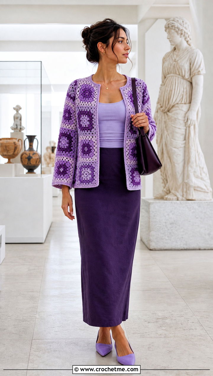 Monochrome Granny Square Jacket With Column Skirt - 30 crochet granny square jacket outfit ideas