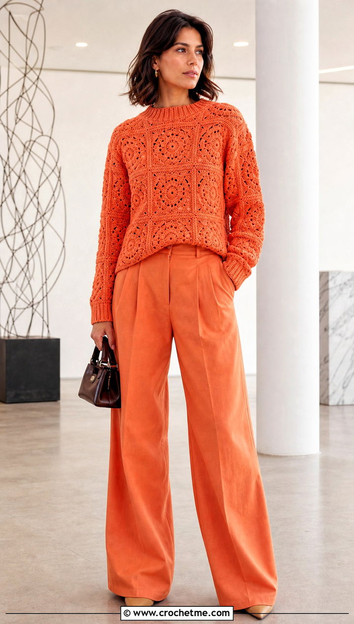 Monochrome Granny Square Jumper With Matching Pants - 25 Crochet Granny Jumper outfit ideas