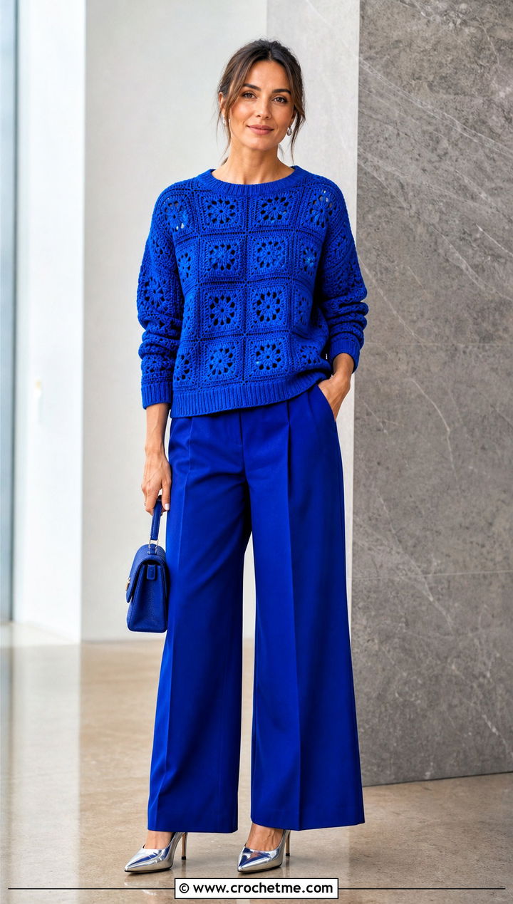 Monochrome Granny Square Jumper With Matching Trousers - 35 granny square jumper outfit ideas