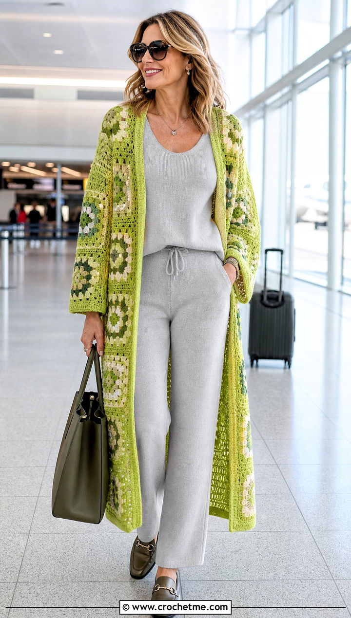Monochrome Granny Square Long Cardigan With Knit Set - 25 crochet granny square long cardigan outfit ideas