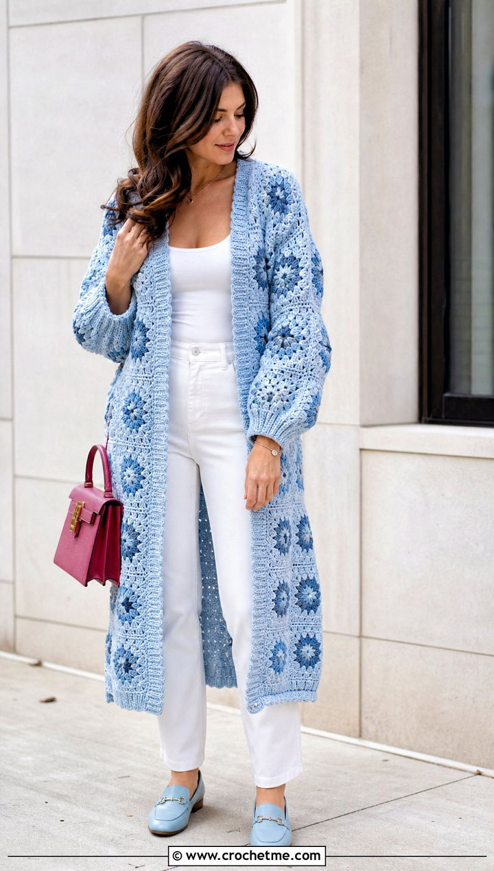 Monochrome Granny Square Long Cardigan With White Jeans - 25 granny square long cardigan outfit ideas