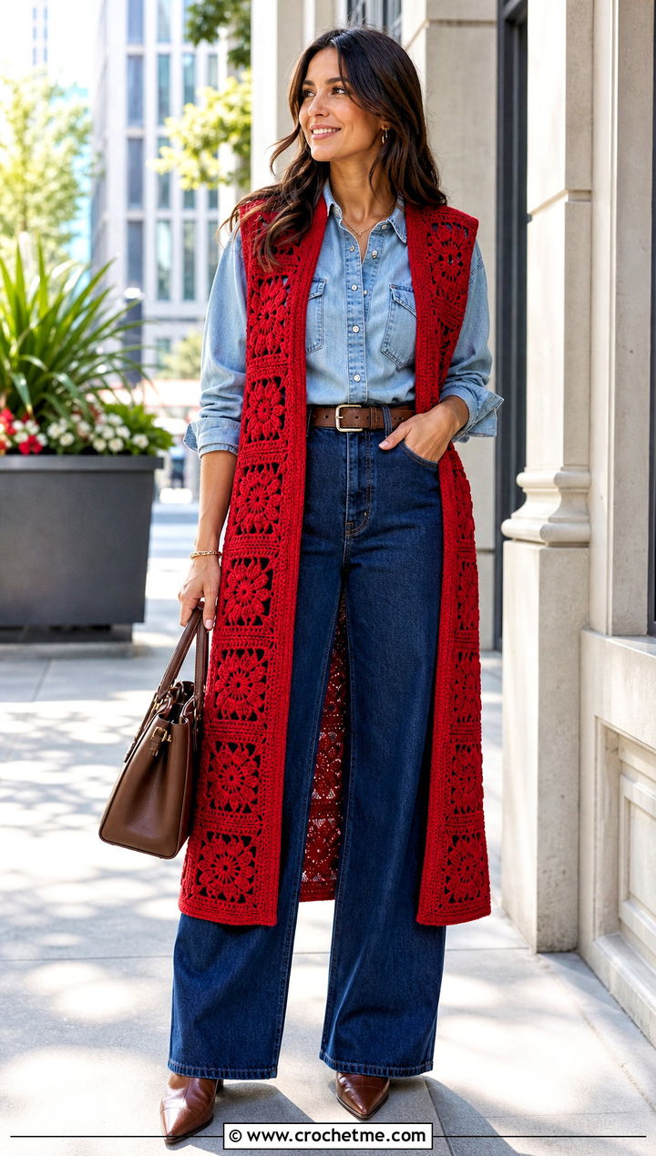 Monochrome Granny Square Long Vest With Denim Shirt And Jeans - 20 Granny Square Long Vest outfit ideas