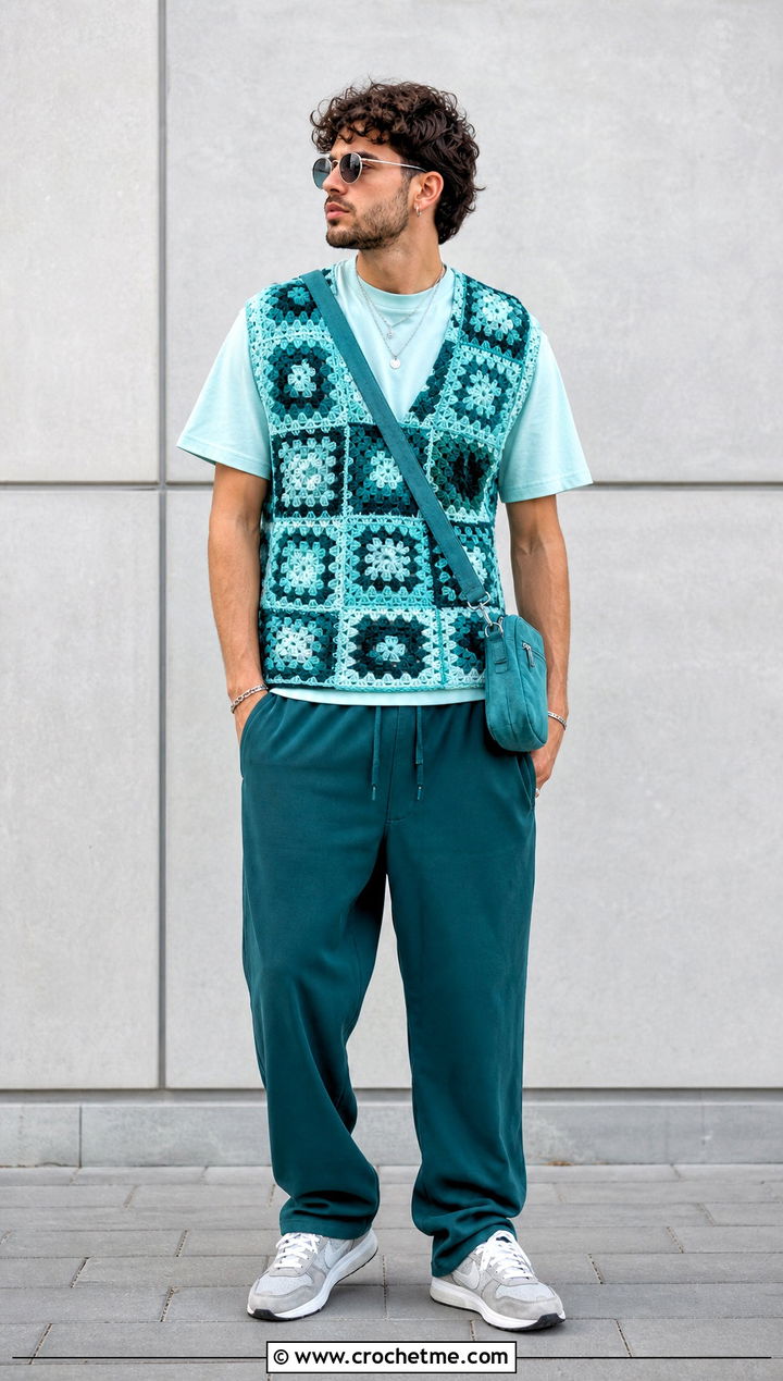 Monochrome Granny Square Mens Vest With Tonal Streetwear - 25 crochet granny square mens vest outfit ideas
