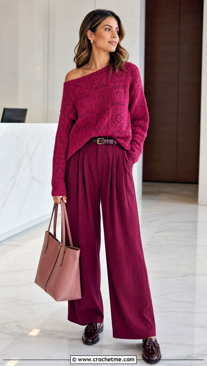 Monochrome Granny Square Off The Shoulder Sweater With Pleated Pants - 20 granny square off the shoulder sweater outfit ideas