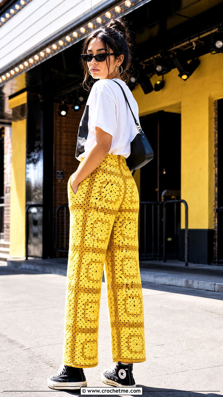 Monochrome Granny Square Pants With Graphic T Shirt - 35 granny square pants outfit ideas