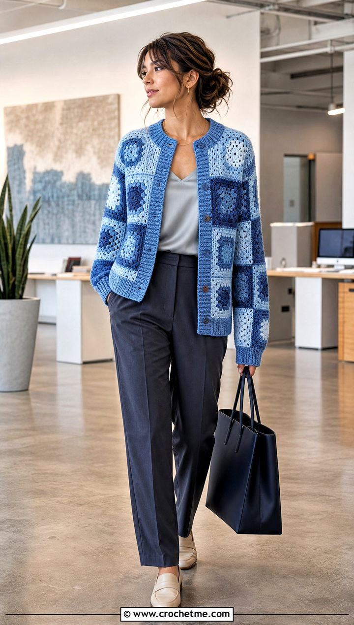 Monochrome Granny Square Patchwork Cardigan With Tailored Trousers - 30 Granny Square Patchwork Cardigan outfit ideas