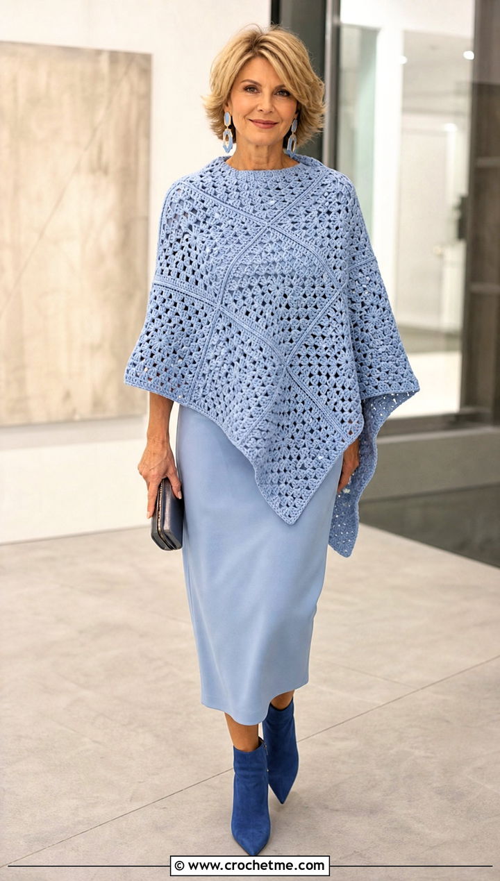 Monochrome Granny Square Poncho With Column Dress - 35 granny square poncho outfit ideas