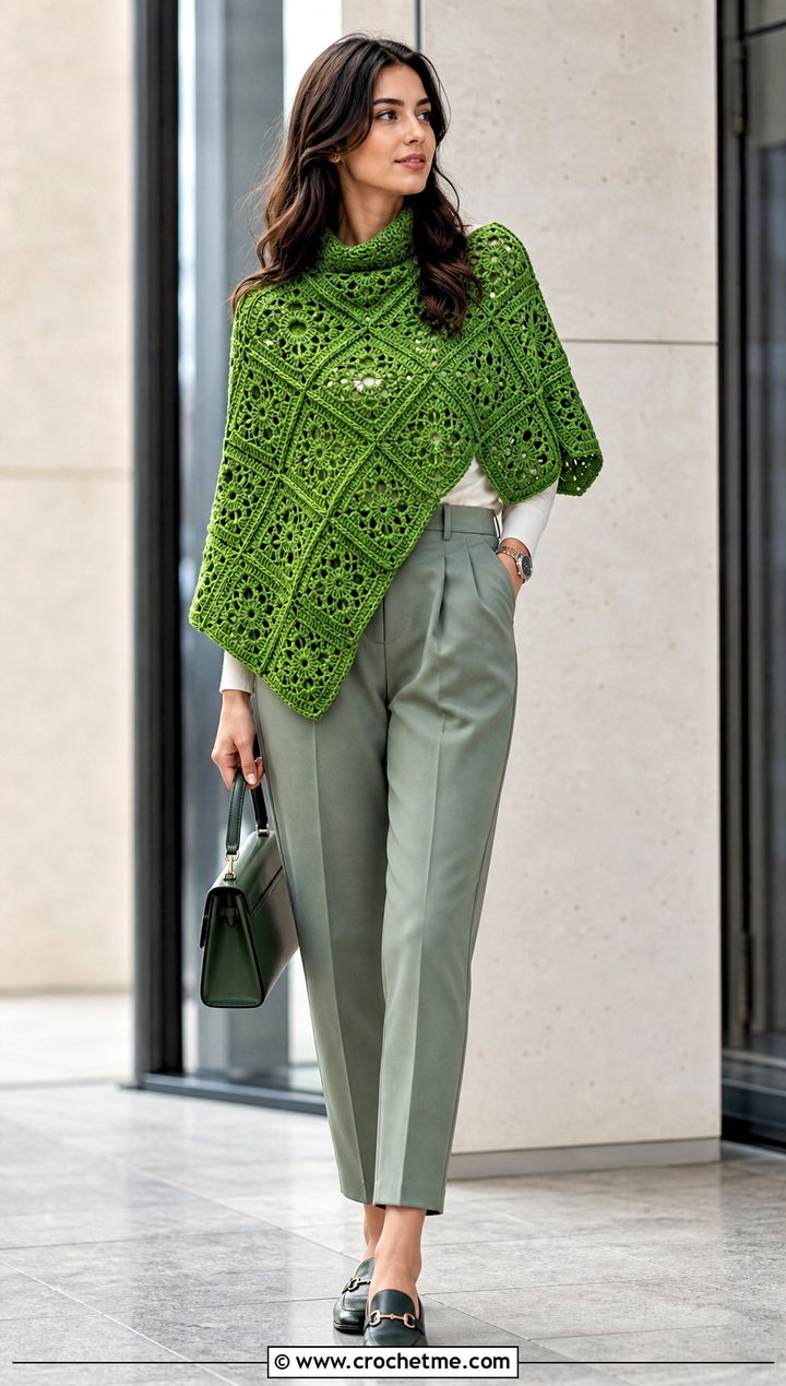 Monochrome Granny Square Poncho With Pleated Trousers - 15 easy granny square poncho outfit ideas