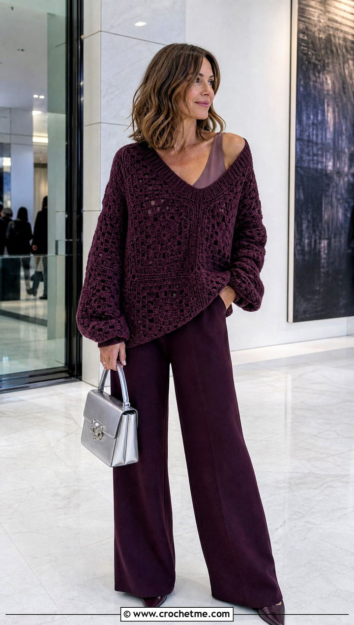 Monochrome Granny Square Pullover Sweater With Matching Pants - 25 crochet granny square pullover sweater outfit ideas