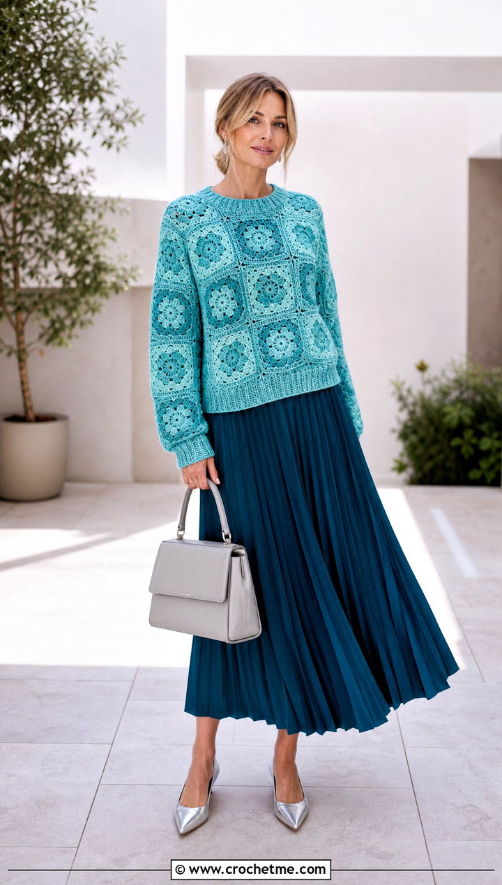 Monochrome Granny Square Pullover Sweater With Pleated Midi Skirt - 35 Granny Square Pullover Sweater outfit ideas
