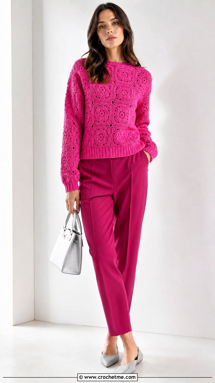 Monochrome Granny Square Pullover With Matching Pants - 35 granny square pullover outfit ideas