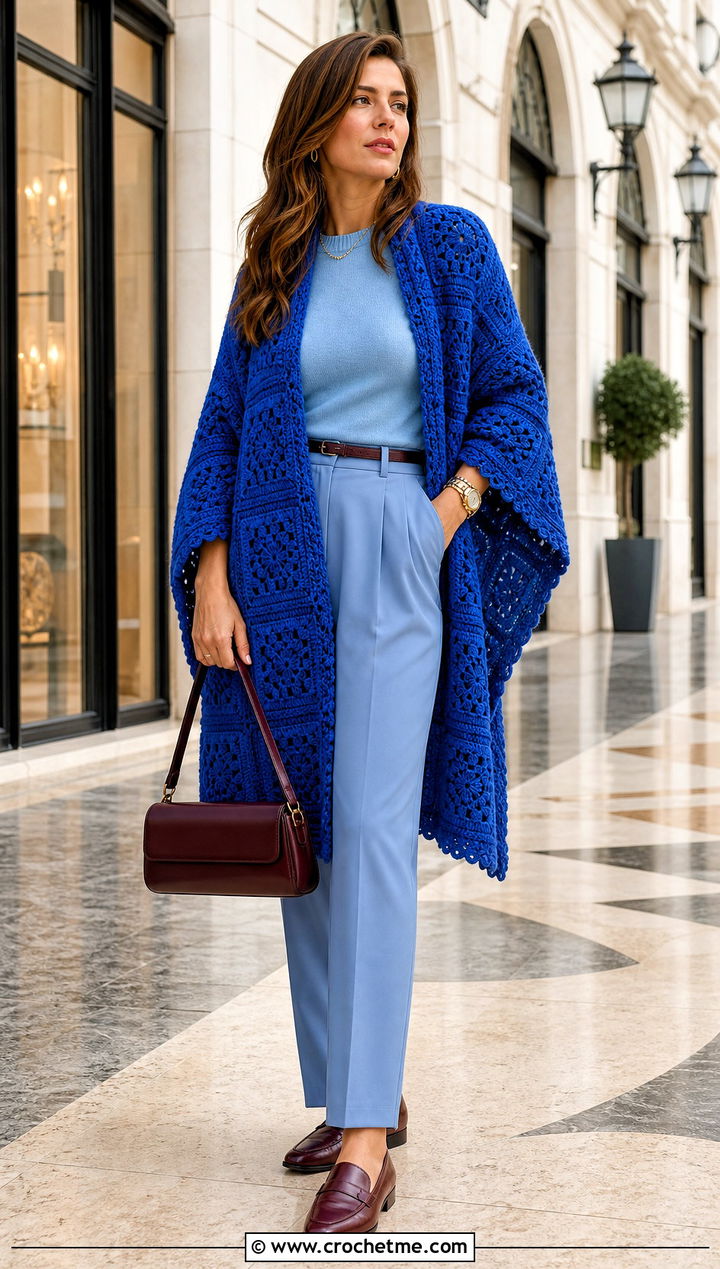 Monochrome Granny Square Ruana With Pleated Pants - 25 Granny Square Ruana outfit ideas
