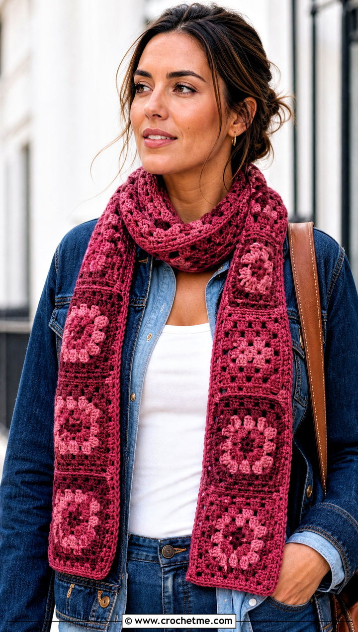 Monochrome Granny Square Scarf With Double Denim - 30 crochet scarf squares outfit ideas