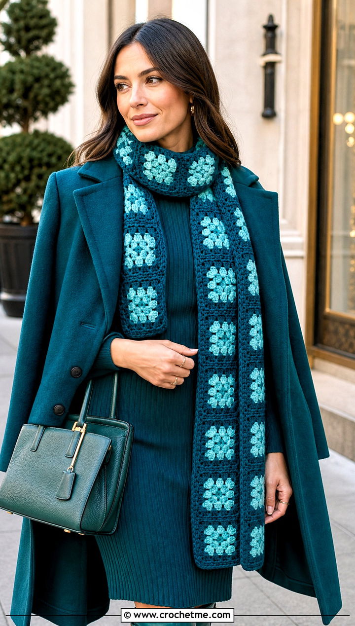 Monochrome Granny Square Scarf With Knit Dress And Tall Boots - 30 crochet granny square scarf outfit ideas